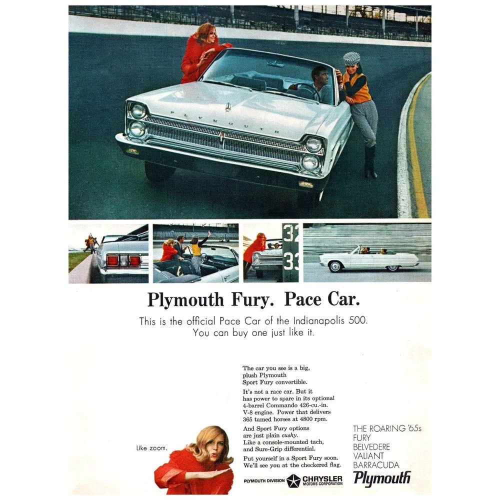 1965 Plymouth Sport Fury Convertible Indy 500 Pace Car Color Vintage Print Ad